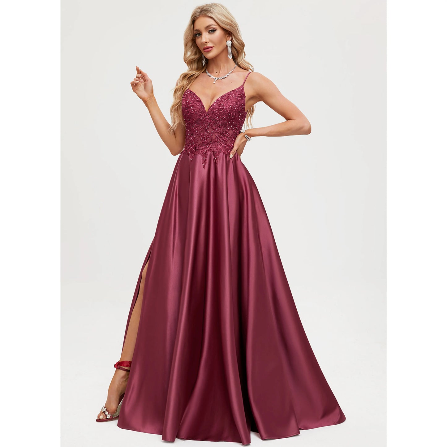 Elegant A-Line V-Neck Sleeveless Embellished Slit Burgundy Floor-Length Prom Dress