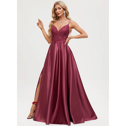 Elegant A-Line V-Neck Sleeveless Embellished Slit Burgundy Floor-Length Prom Dress