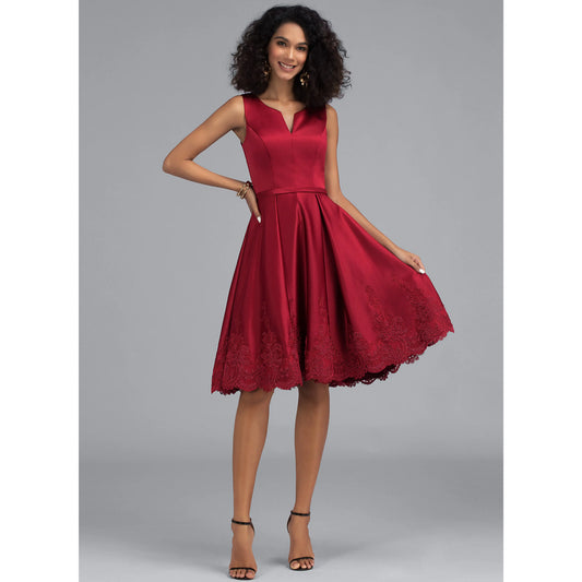 Elegant A-Line V-Neck Sleeveless Embroidered Burgundy Knee-Length Homecoming Dress Women's