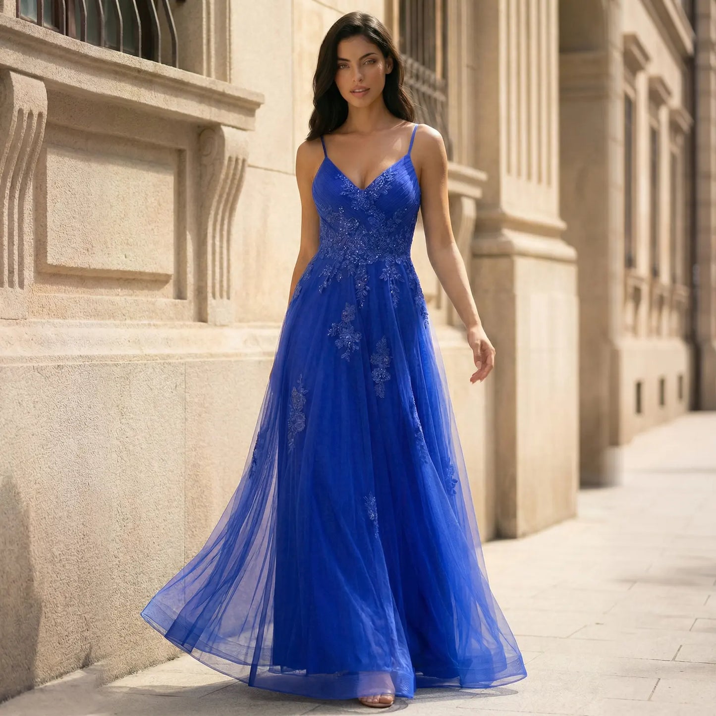 Elegant A-Line V-Neck Sleeveless Embroidered Sparkly Royal Blue Floor-Length Prom Gown
