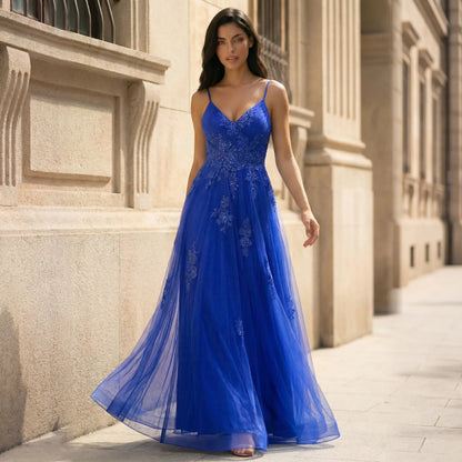 Elegant A-Line V-Neck Sleeveless Embroidered Sparkly Royal Blue Floor-Length Prom Gown