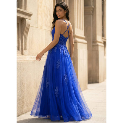 Elegant A-Line V-Neck Sleeveless Embroidered Sparkly Royal Blue Floor-Length Prom Gown