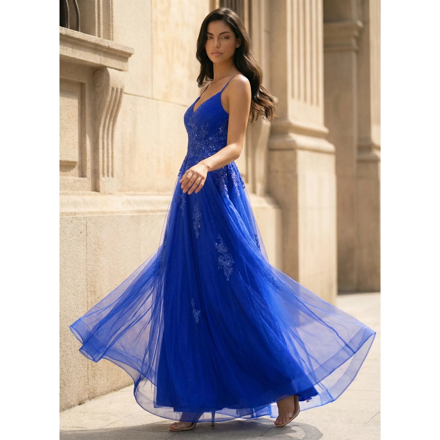 Elegant A-Line V-Neck Sleeveless Embroidered Sparkly Royal Blue Floor-Length Prom Gown