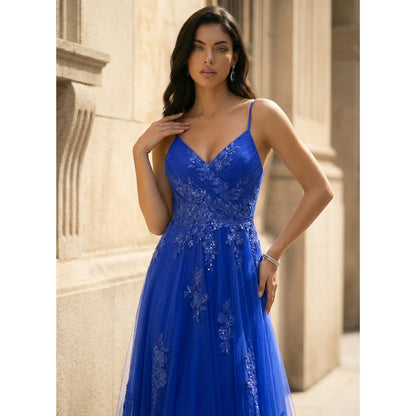 Elegant A-Line V-Neck Sleeveless Embroidered Sparkly Royal Blue Floor-Length Prom Gown
