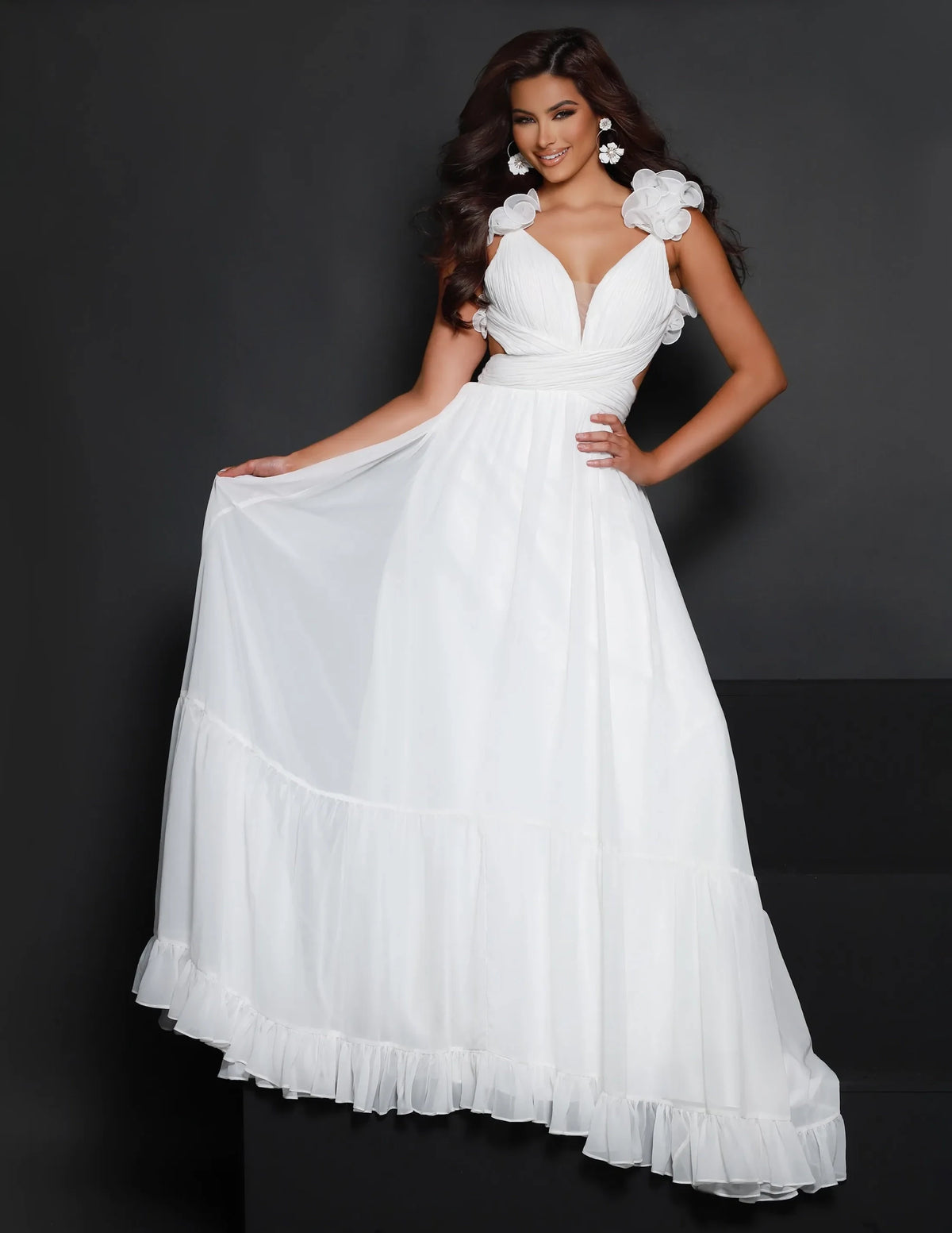 Elegant A-Line V-Neck Sleeveless Floral Charming White Floor-Length Evening Dresses for Women