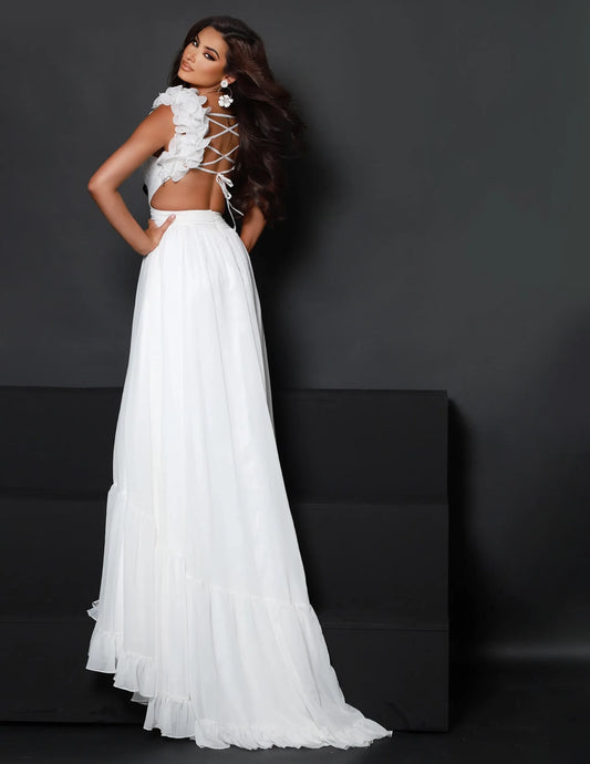 Elegant A-Line V-Neck Sleeveless Floral Charming White Floor-Length Evening Dresses for Women
