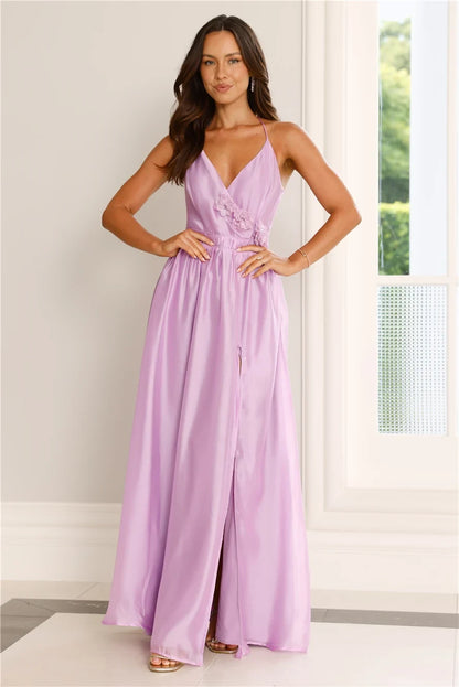Elegant A-Line V-Neck Sleeveless Floral Lavender Floor-Length Prom Dress