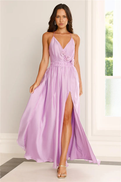 Elegant A-Line V-Neck Sleeveless Floral Lavender Floor-Length Prom Dress