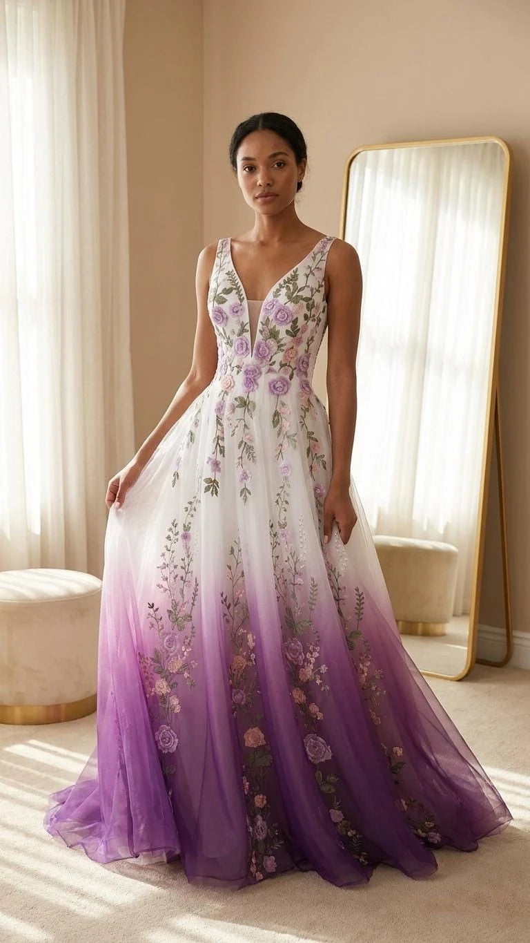 Elegant A-Line V-Neck Sleeveless Floral Ombre White Purple Floor-Length Prom Gown