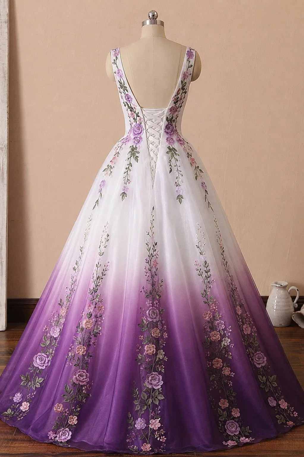 Elegant A-Line V-Neck Sleeveless Floral Ombre White Purple Floor-Length Prom Gown
