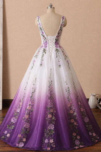 Elegant A-Line V-Neck Sleeveless Floral Ombre White Purple Floor-Length Prom Gown