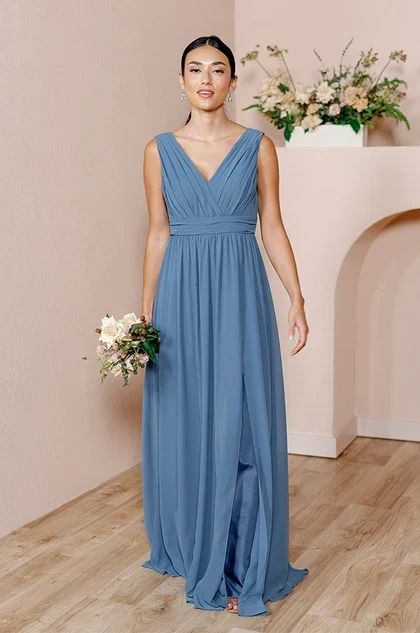 Elegant A-Line V-Neck Sleeveless Flowing Dusty Blue Floor-Length Bridesmaid Dress