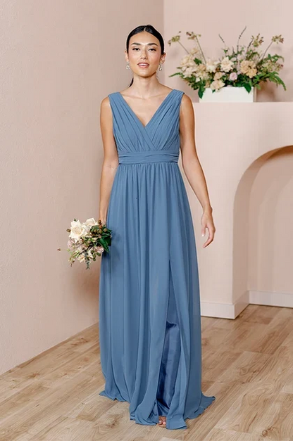 Elegant A-Line V-Neck Sleeveless Flowing Dusty Blue Floor-Length Bridesmaid Dress