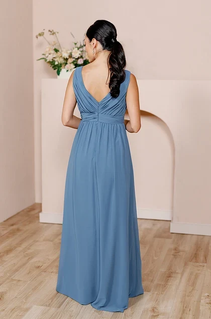 Elegant A-Line V-Neck Sleeveless Flowing Dusty Blue Floor-Length Bridesmaid Dress
