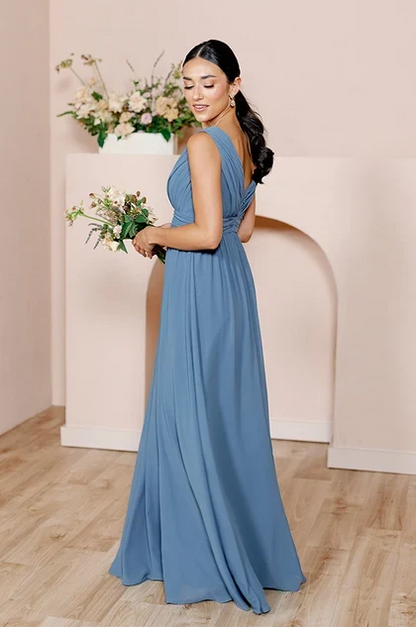Elegant A-Line V-Neck Sleeveless Flowing Dusty Blue Floor-Length Bridesmaid Dress