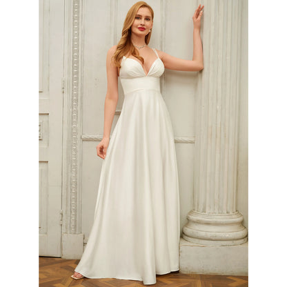 Elegant A-Line V-Neck Sleeveless Flowing Slit White Floor-Length Wedding Dresses for Women
