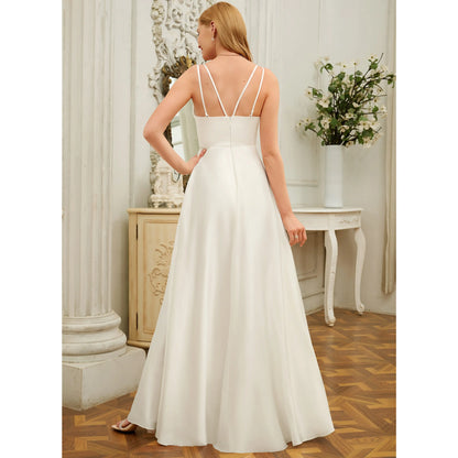 Elegant A-Line V-Neck Sleeveless Flowing Slit White Floor-Length Wedding Dresses for Women