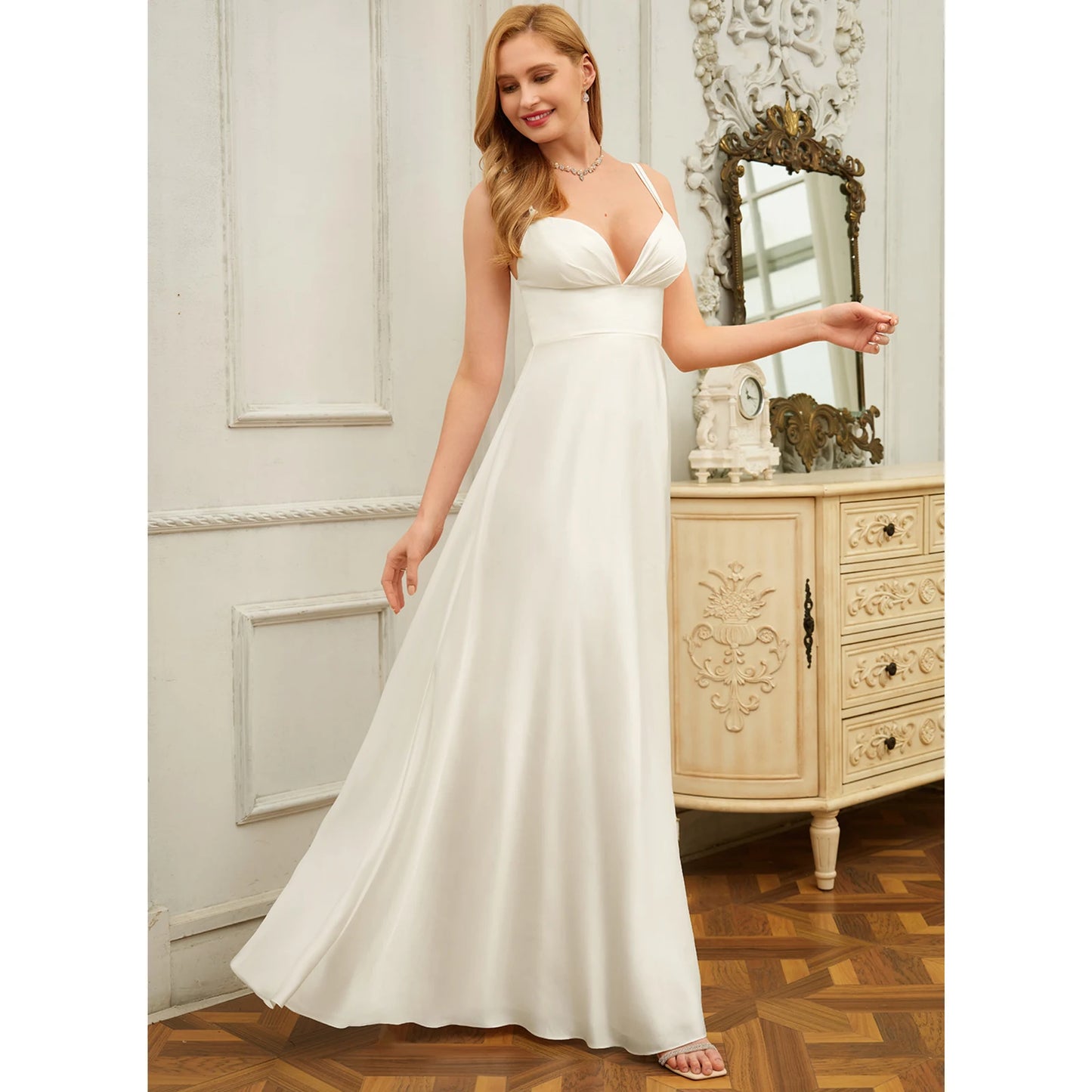 Elegant A-Line V-Neck Sleeveless Flowing Slit White Floor-Length Wedding Dresses for Women