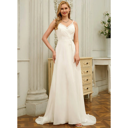 Elegant A-Line V-Neck Sleeveless Flowy Lace Ivory Floor-Length Wedding Gown