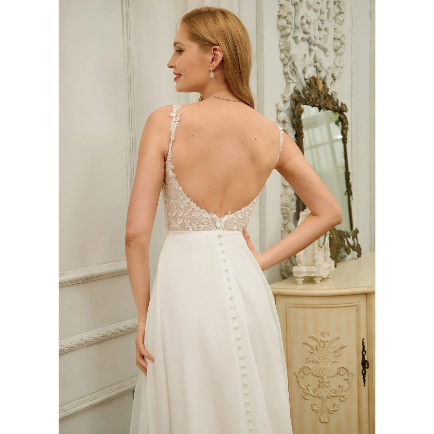 Elegant A-Line V-Neck Sleeveless Flowy Lace Ivory Floor-Length Wedding Gown