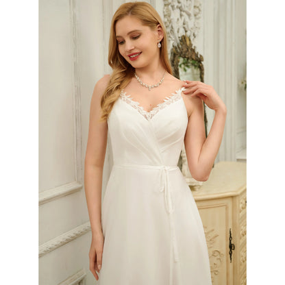 Elegant A-Line V-Neck Sleeveless Flowy Lace Ivory Floor-Length Wedding Gown