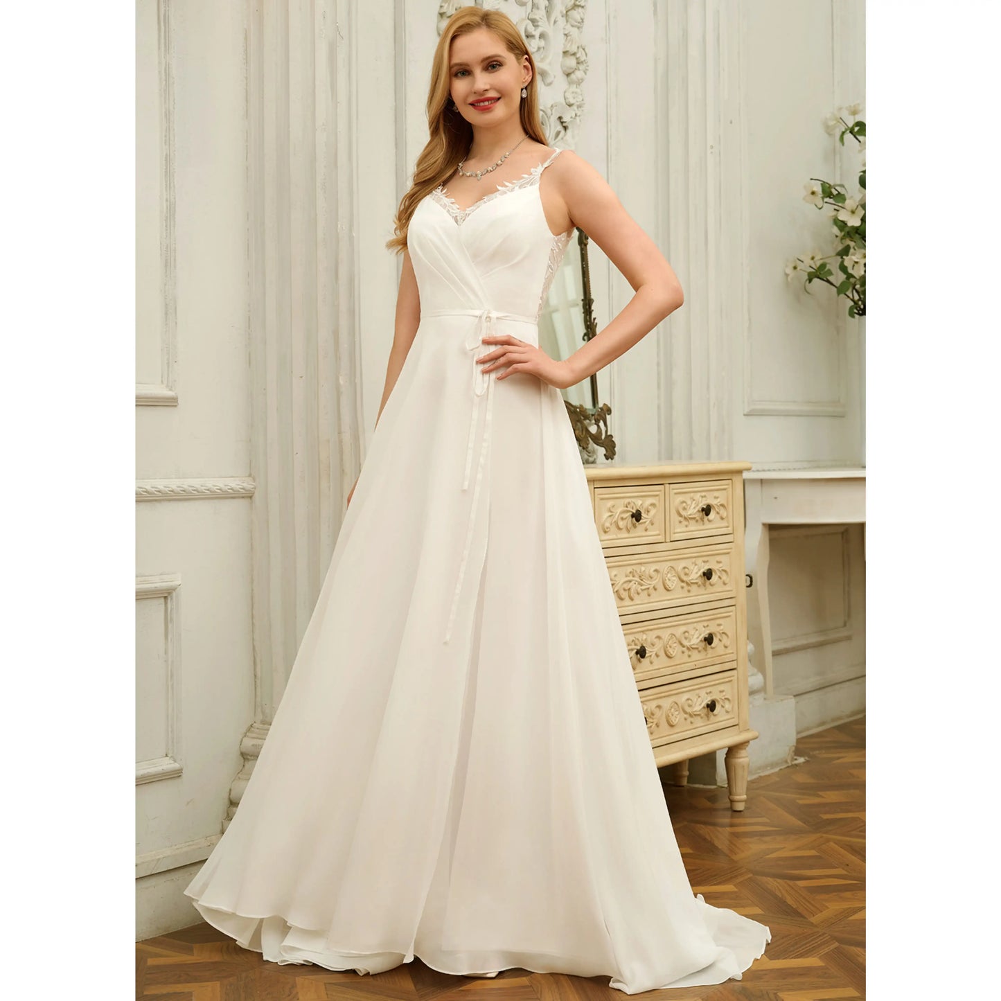 Elegant A-Line V-Neck Sleeveless Flowy Lace Ivory Floor-Length Wedding Gown