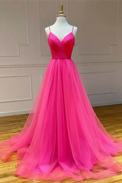 Elegant A-Line V-Neck Sleeveless Flowy Slit Hot Pink Floor-Length Prom Dresses