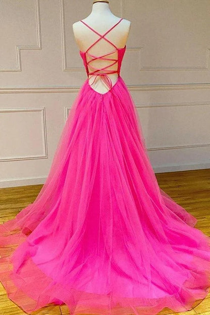 Elegant A-Line V-Neck Sleeveless Flowy Slit Hot Pink Floor-Length Prom Dresses