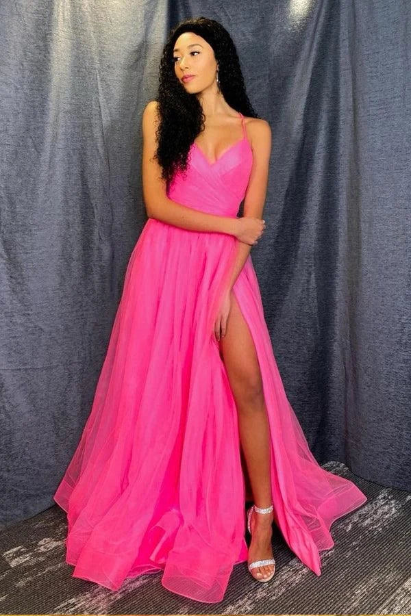 Elegant A-Line V-Neck Sleeveless Flowy Slit Hot Pink Floor-Length Prom Dresses
