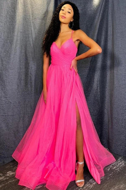 Elegant A-Line V-Neck Sleeveless Flowy Slit Hot Pink Floor-Length Prom Dresses