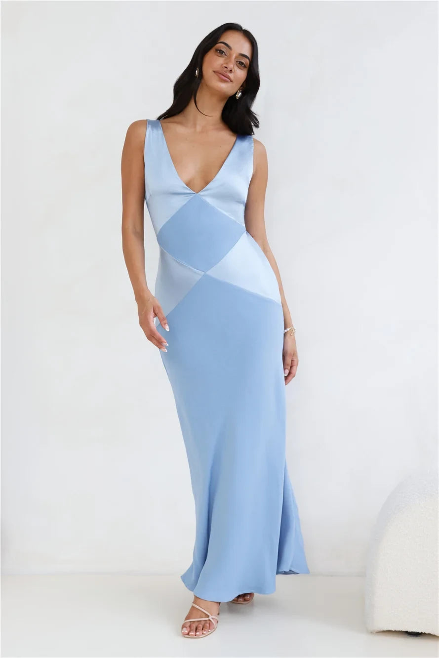 Elegant A-Line V-Neck Sleeveless Geometric Patchwork Sky Blue Floor-Length Prom Dresses