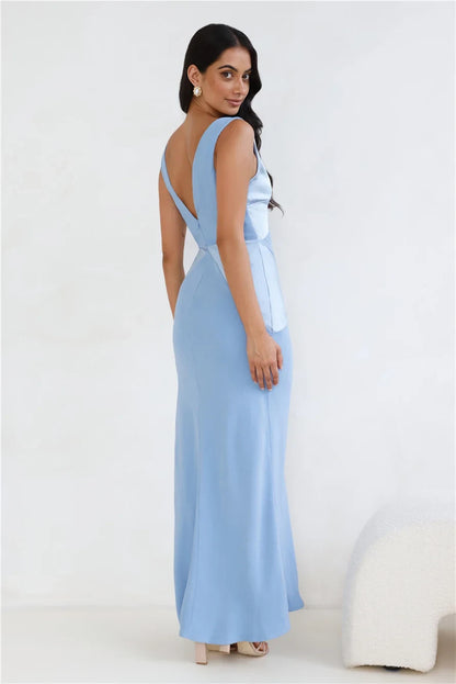 Elegant A-Line V-Neck Sleeveless Geometric Patchwork Sky Blue Floor-Length Prom Dresses