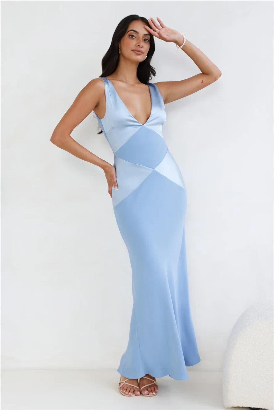 Elegant A-Line V-Neck Sleeveless Geometric Patchwork Sky Blue Floor-Length Prom Dresses