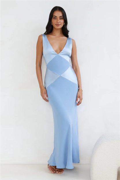 Elegant A-Line V-Neck Sleeveless Geometric Patchwork Sky Blue Floor-Length Prom Dresses