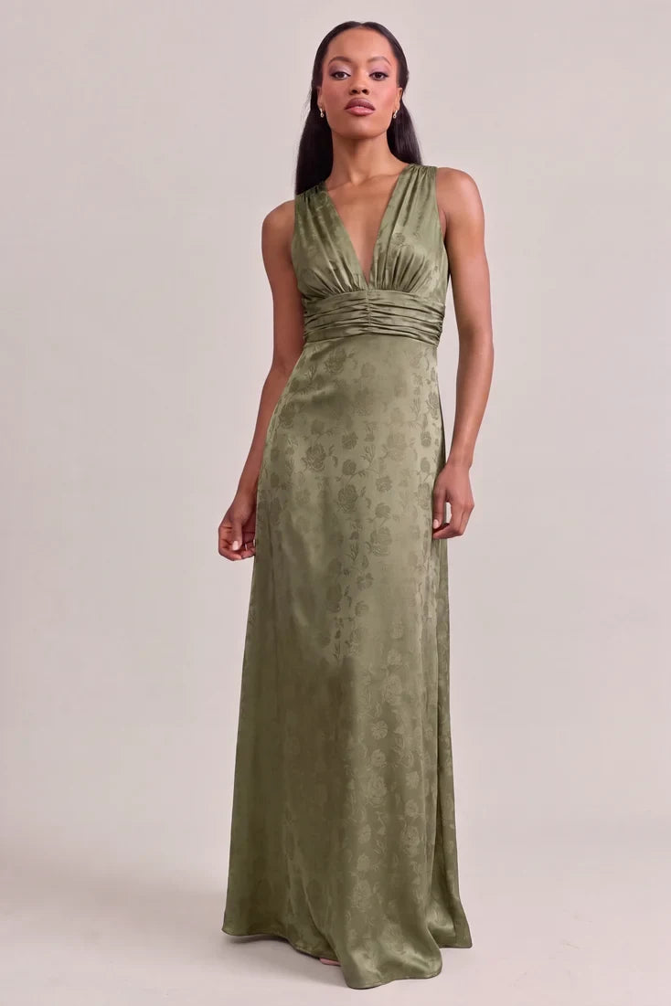 Elegant A-Line V-Neck Sleeveless Jacquard Backless Olive Floor-Length Prom Gown
