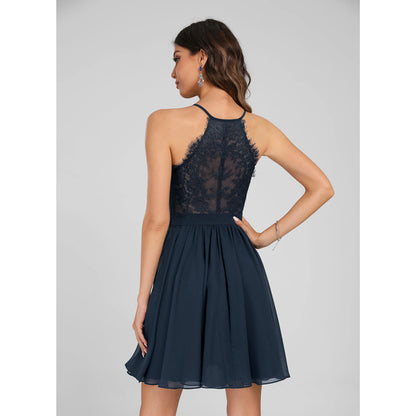 Elegant A-Line V-Neck Sleeveless Lace Back Chic Navy Short Homecoming Dress