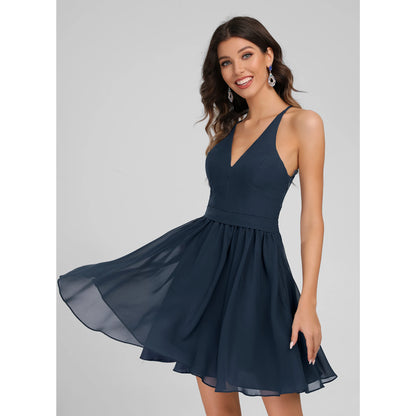 Elegant A-Line V-Neck Sleeveless Lace Back Chic Navy Short Homecoming Dress