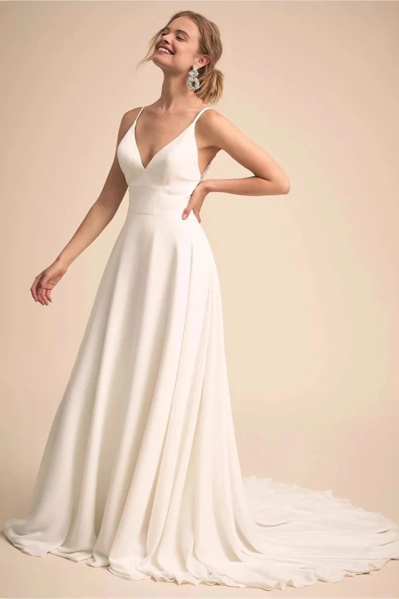 Elegant A-Line V-Neck Sleeveless Lace Back Ivory Floor-Length Wedding Dresses Gown