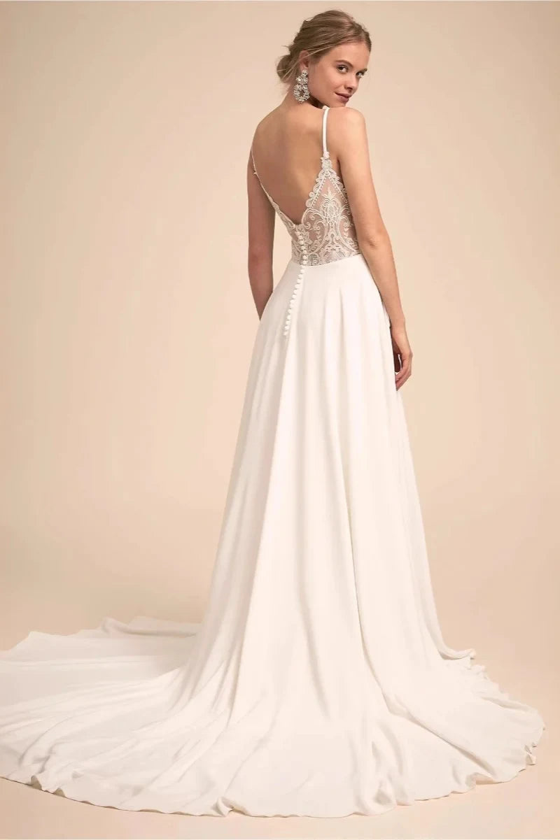 Elegant A-Line V-Neck Sleeveless Lace Back Ivory Floor-Length Wedding Dresses Gown