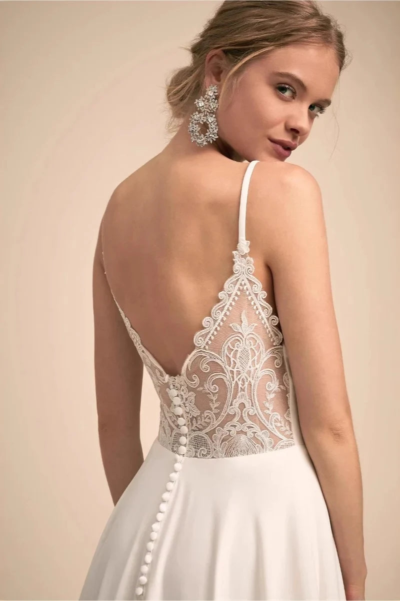 Elegant A-Line V-Neck Sleeveless Lace Back Ivory Floor-Length Wedding Dresses Gown