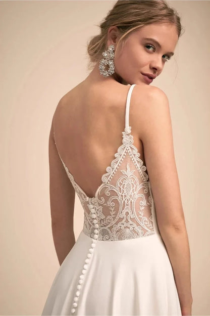 Elegant A-Line V-Neck Sleeveless Lace Back Ivory Floor-Length Wedding Dresses Gown