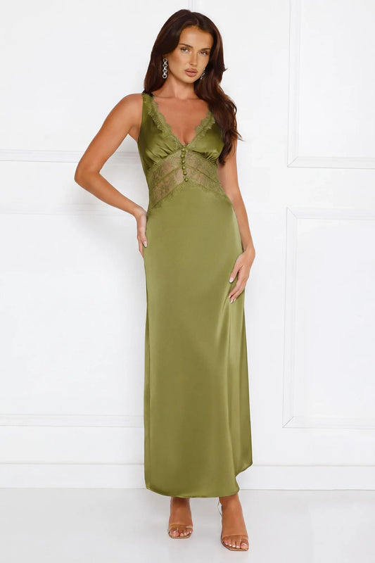 Elegant A-Line V-Neck Sleeveless Lace Backless Olive Maxi Prom Dress