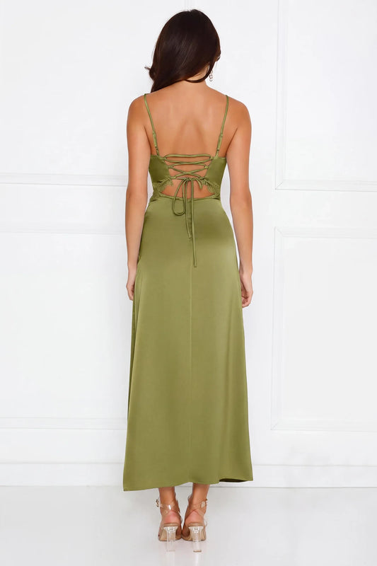 Elegant A-Line V-Neck Sleeveless Lace Backless Olive Maxi Prom Dress