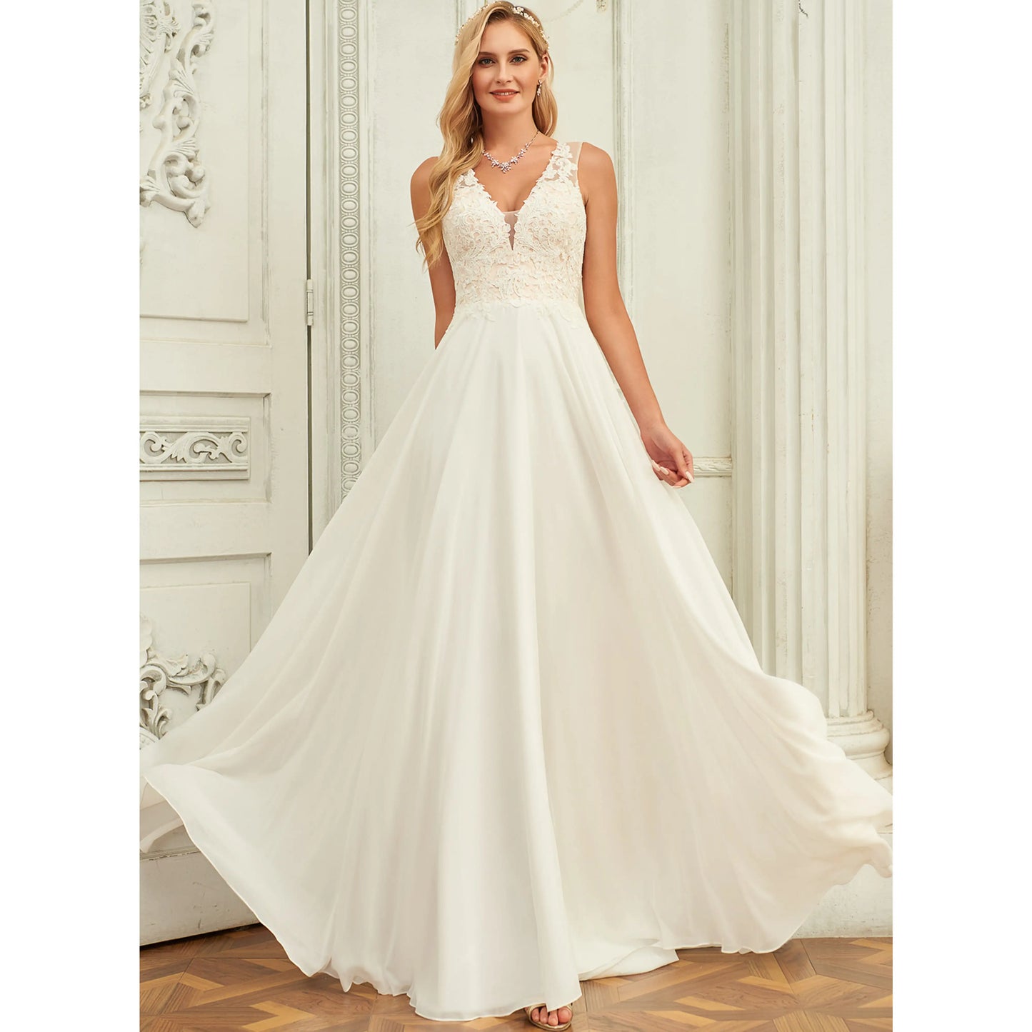 Elegant A-Line V-Neck Sleeveless Lace Bodice Ivory Floor-Length Wedding Gown