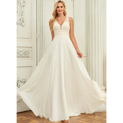 Elegant A-Line V-Neck Sleeveless Lace Bodice Ivory Floor-Length Wedding Gown