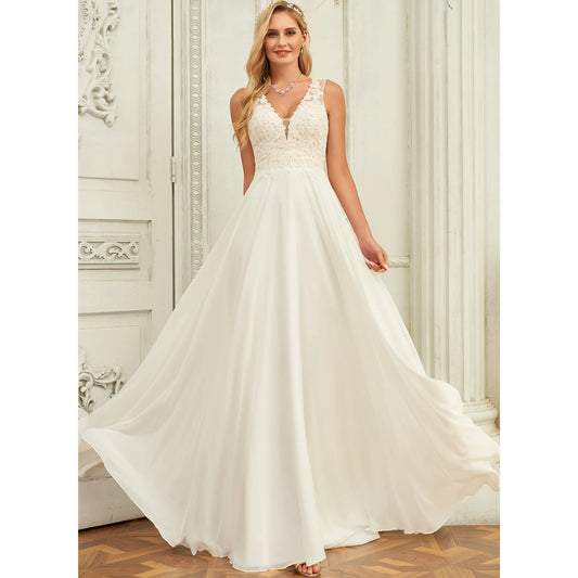 Elegant A-Line V-Neck Sleeveless Lace Bodice Ivory Floor-Length Wedding Gown