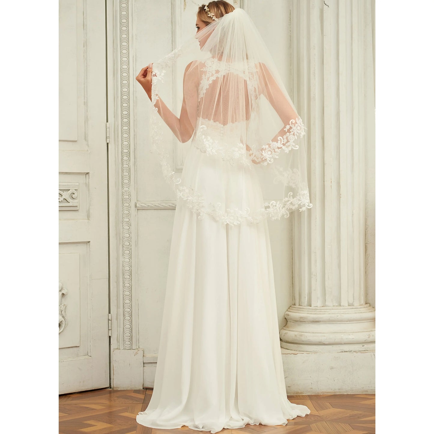 Elegant A-Line V-Neck Sleeveless Lace Bodice Ivory Floor-Length Wedding Gown