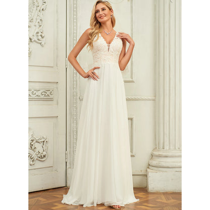 Elegant A-Line V-Neck Sleeveless Lace Bodice Ivory Floor-Length Wedding Gown