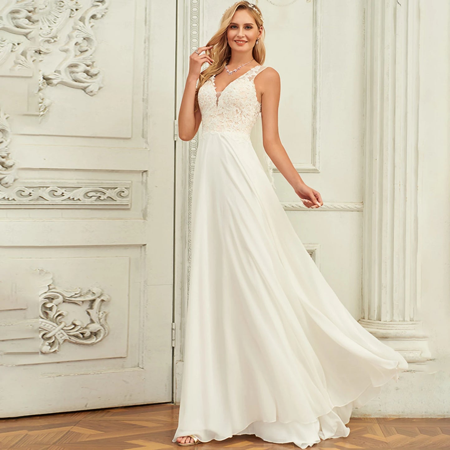 Elegant A-Line V-Neck Sleeveless Lace Bodice Ivory Floor-Length Wedding Gown