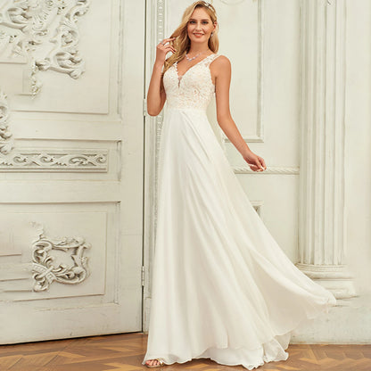 Elegant A-Line V-Neck Sleeveless Lace Bodice Ivory Floor-Length Wedding Gown